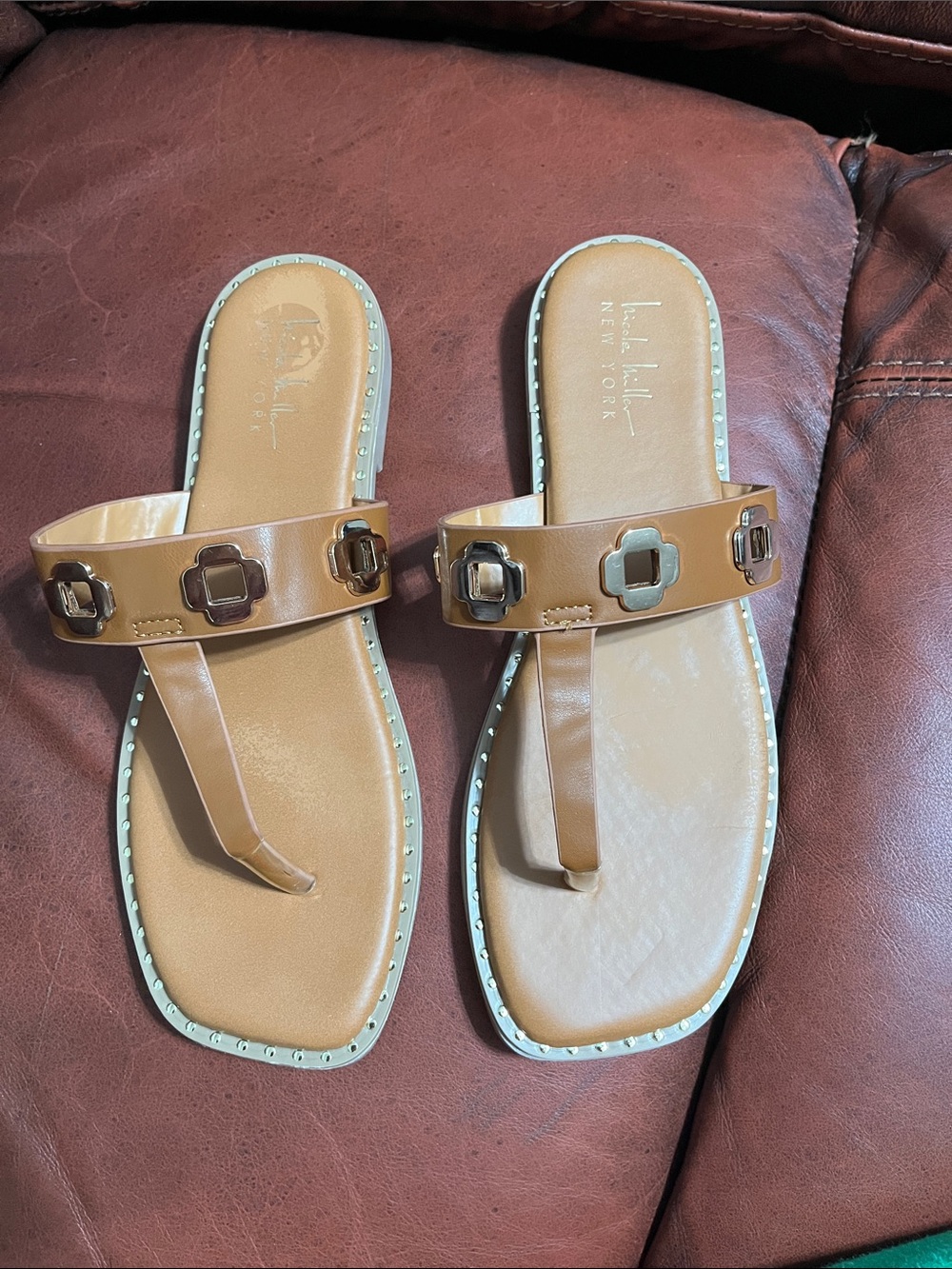 Nicole Miller Tan Studded Thong Slide Sandals
